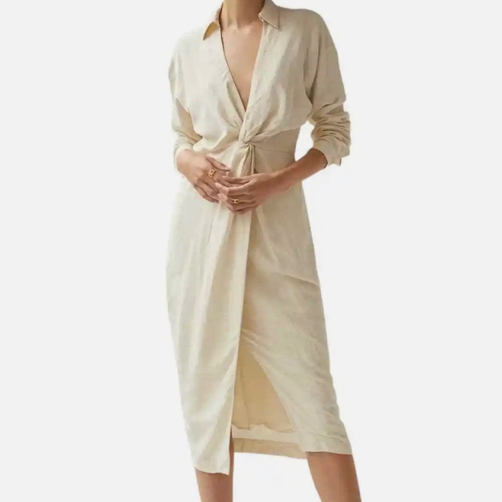 Anthropologie Midi Dress Women's Size 14 Ivory Linen Knot Front, long sleeve